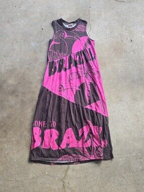 Farm Rio Dress Womens M Pink Brown Graphic Tank Brazil Toucan Beach Travel